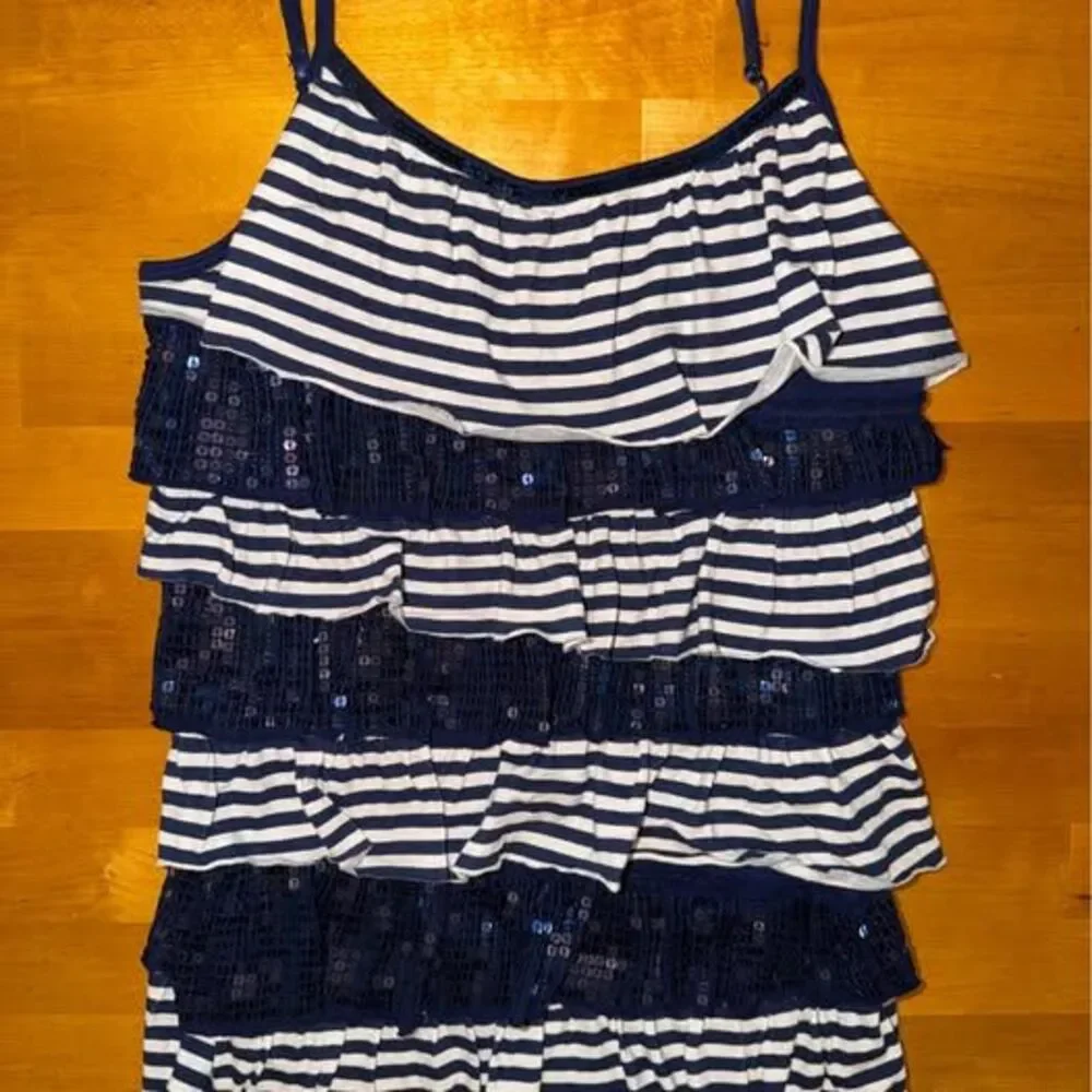 Girls Justice Navy Blue and White Stripped and Sequin Spagetti Strap Shirt Sz 16